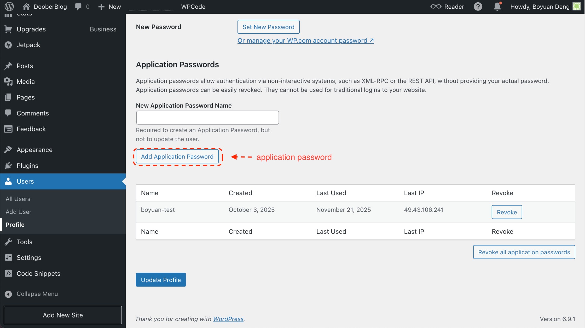 WordPress Application Passwords section with New Application Password Name field