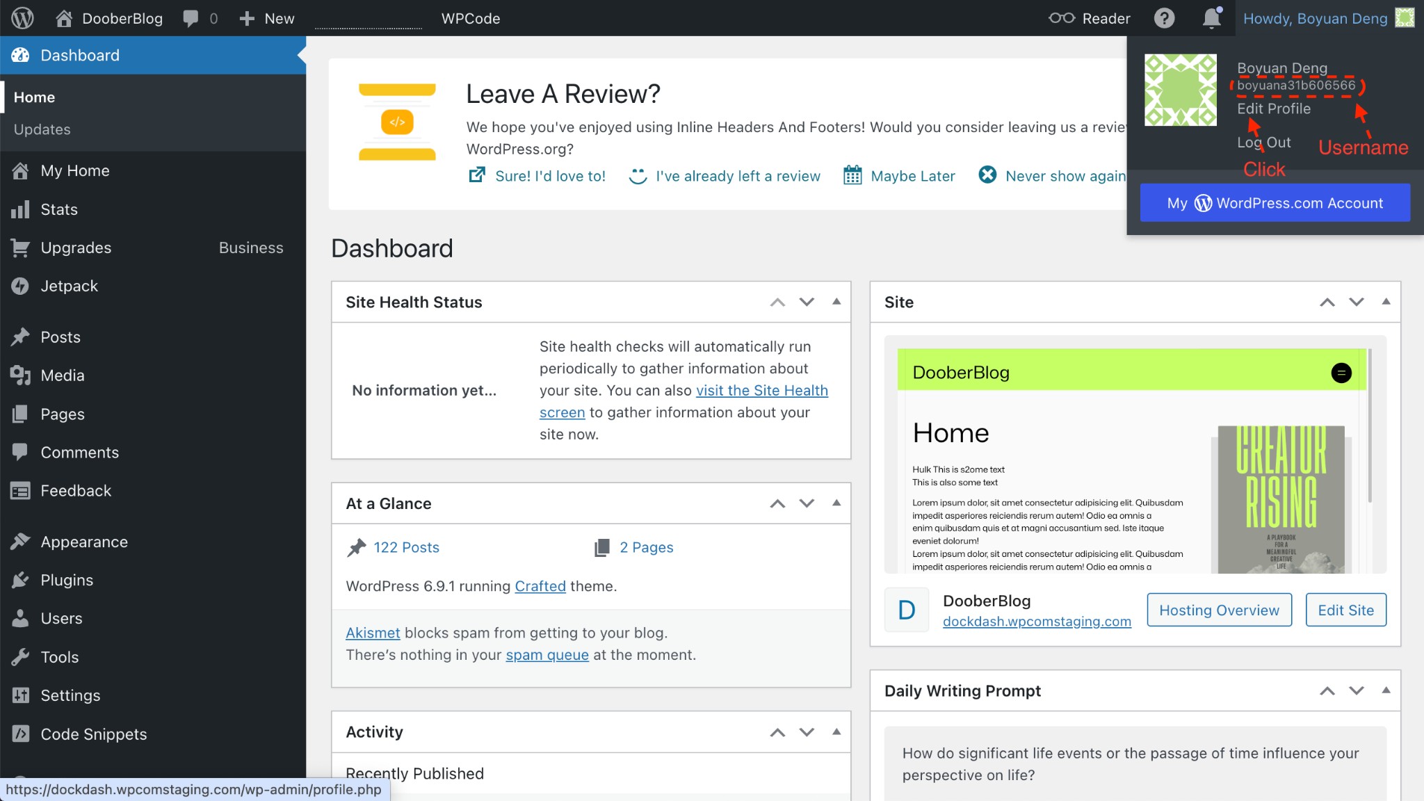 Where to find your WordPress username (e.g. in the profile dropdown or under Users → All Users)