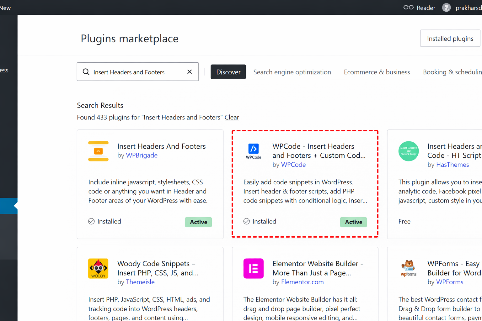 Search for Insert Headers and Footers plugin