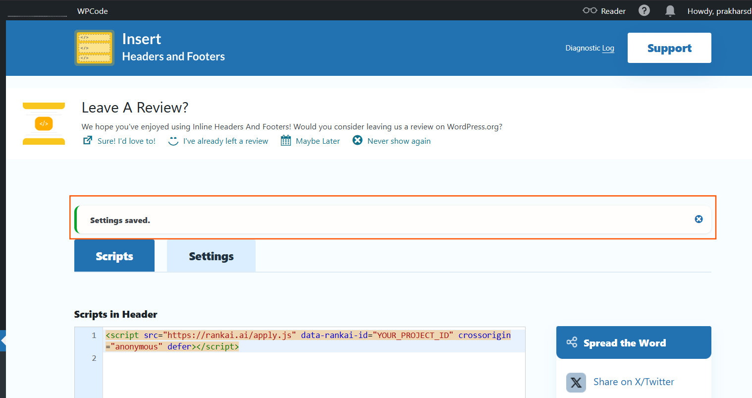 Save Changes button and the success message after saving